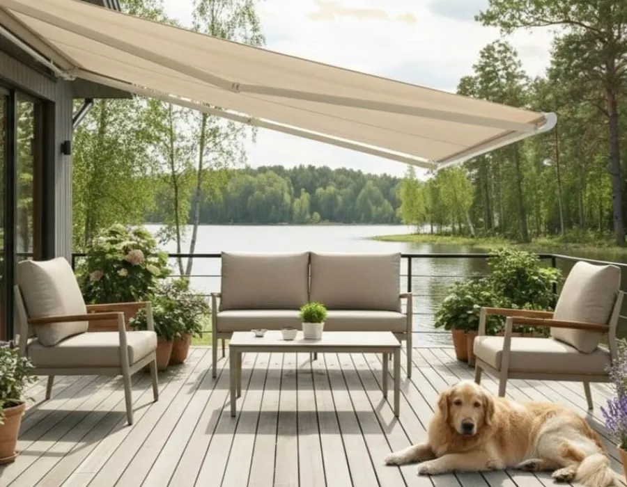 Havemøbelland Bøg Markise - m/motor & LED-lys - 3,5 x 3 m - Hvid/Beige