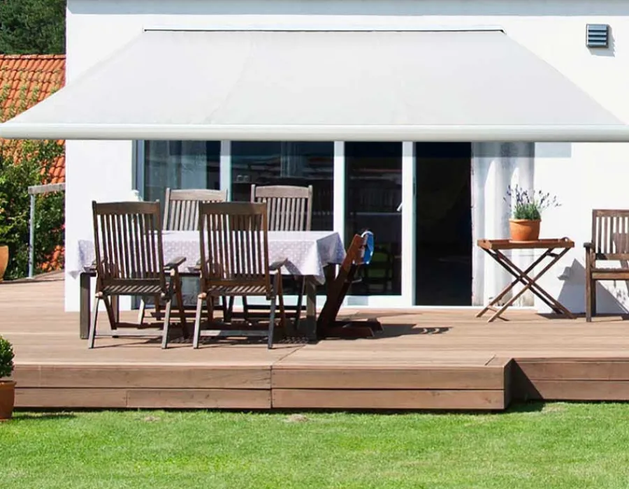 Havemøbelland Bøg Markise - m/motor & LED-lys - 4,8 x 3 m - Hvid/Beige