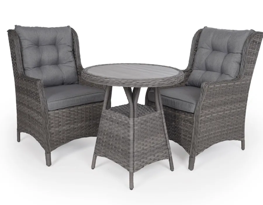 Havemøbelland Rio Grå Cafesæt m/2 loungestole - Ø 70 cm - m/vandafv. hynder