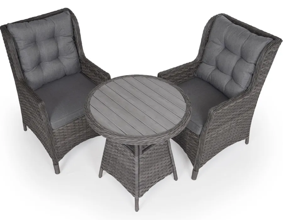 Havemøbelland Rio Grå Cafesæt m/2 loungestole - Ø 70 cm - m/vandafv. hynder