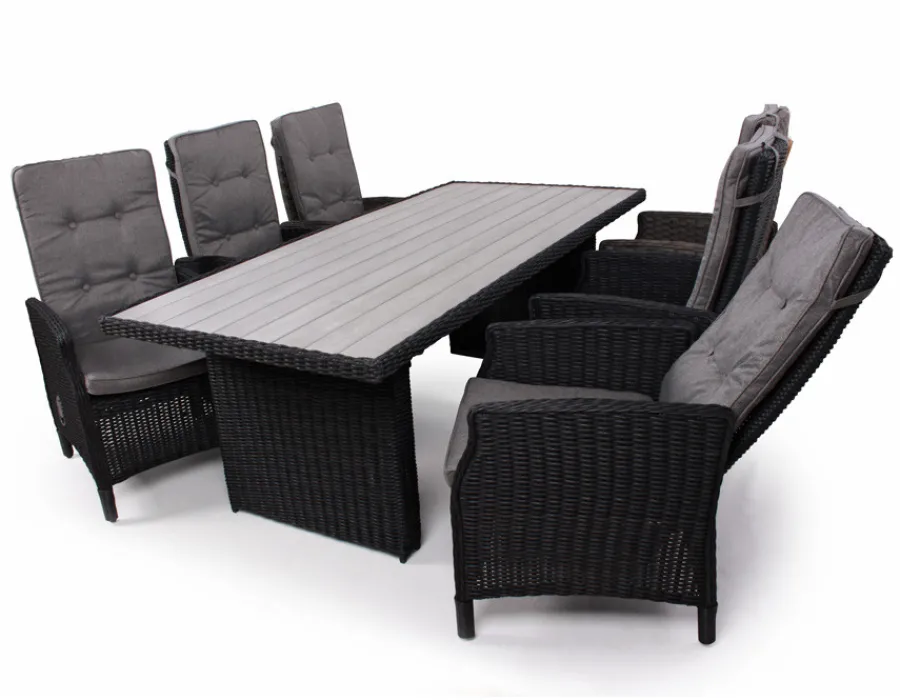 Havemøbelland Rio Sort Havemøbelsæt m/6 pos stole - 94x210 cm - m/vandafv. hynder
